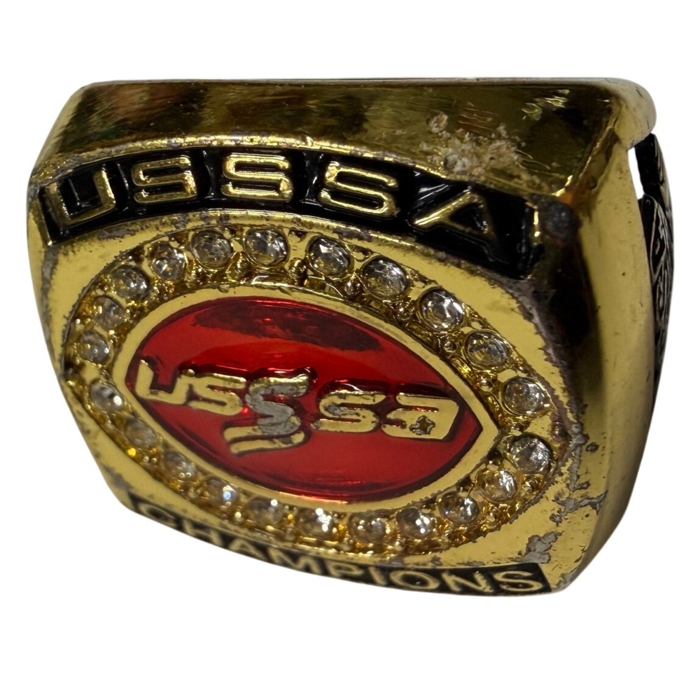 USSSA Champions Baseball Softball Gold Tone Trophy Ring Red Faux Crystal Halo